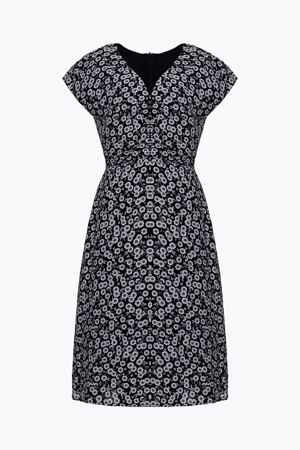 Đầm xòe hoa nhí cổ V nhún ngực 