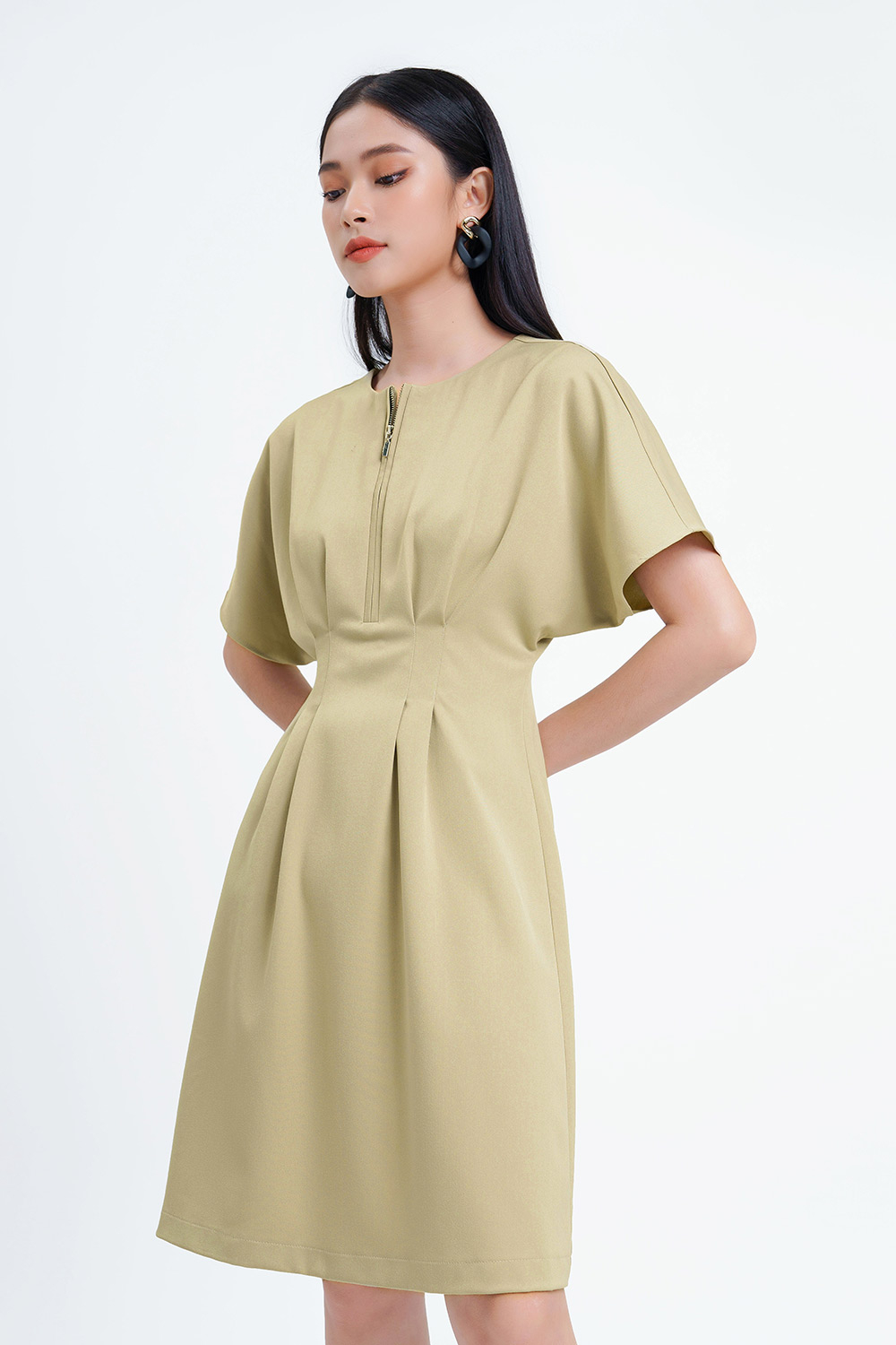 Đầm xòe chít eo cao phối dây kéo trước 