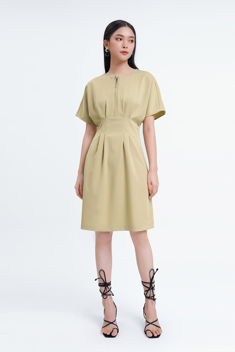 Đầm xòe chít eo cao phối dây kéo trước 