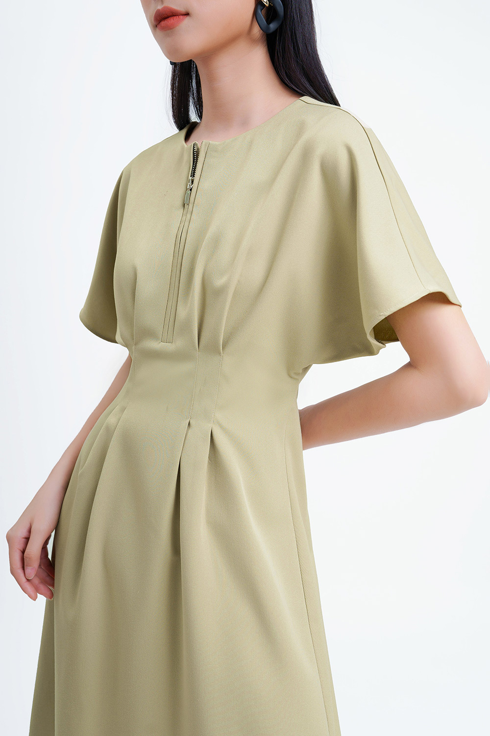 Đầm xòe chít eo cao phối dây kéo trước 