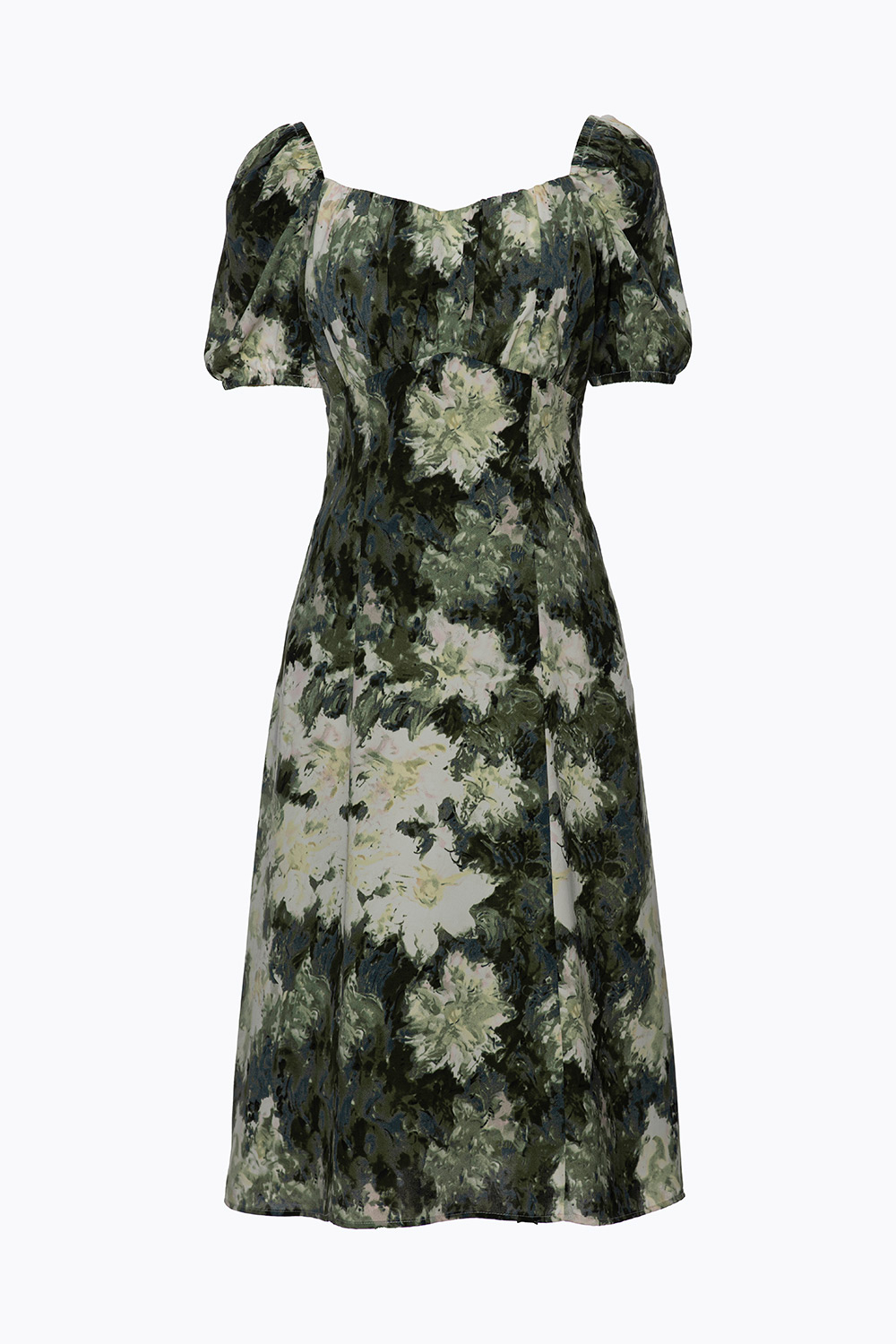 Đầm xòe hoa tay phồng nhấn eo cao 