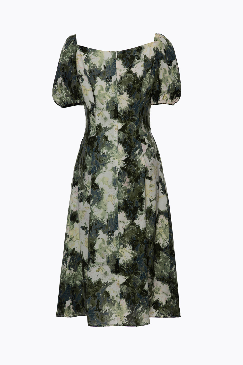 Đầm xòe hoa tay phồng nhấn eo cao 