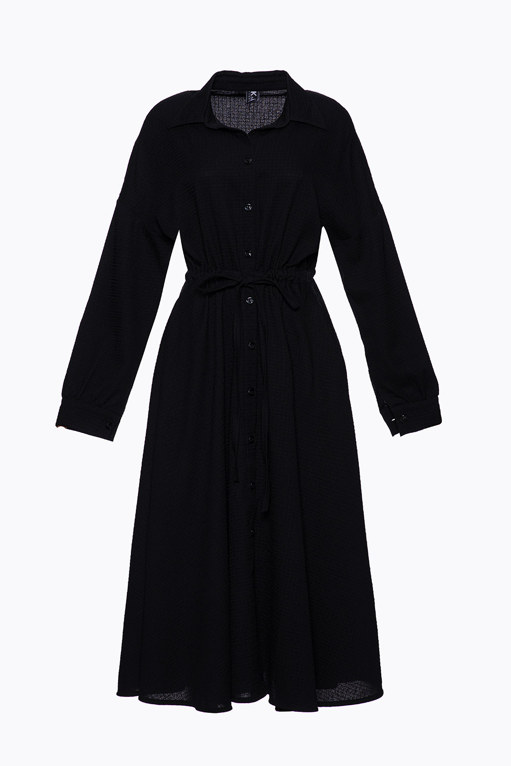 Đầm đen dáng xòe cổ sơ mi nhấn eo 