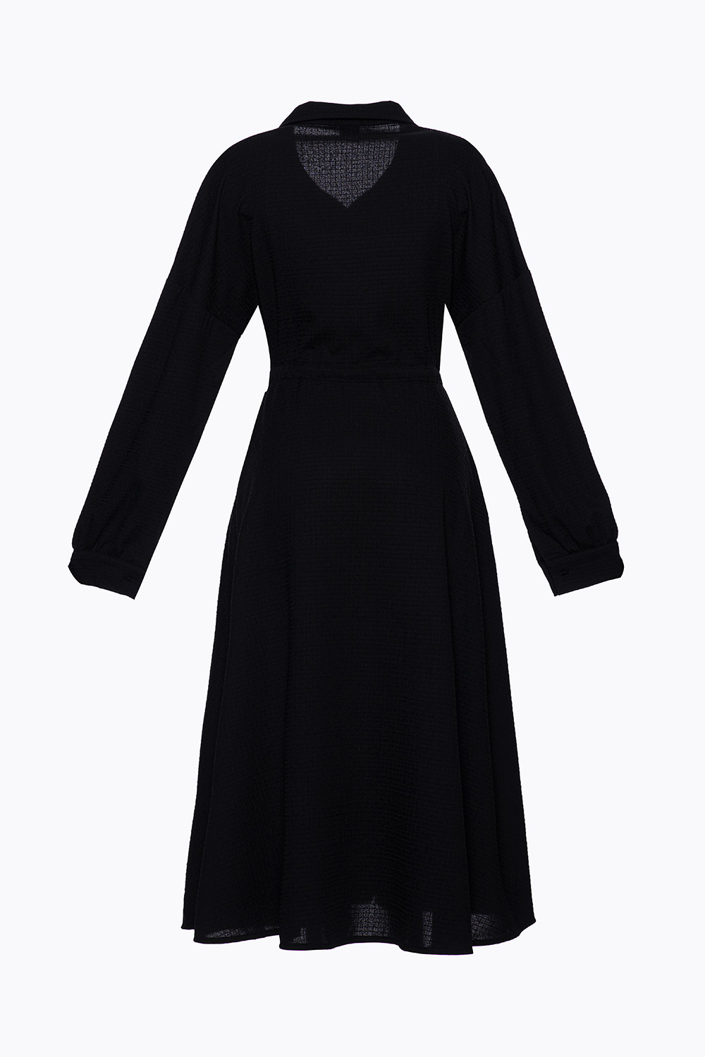 Đầm đen dáng xòe cổ sơ mi nhấn eo 