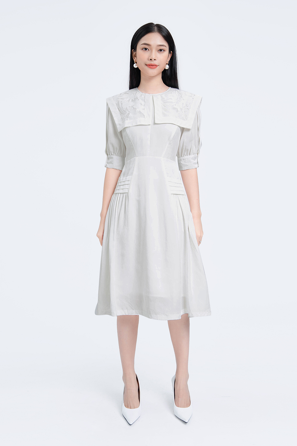 Đầm trắng xòe tay xếp ly cách điệu - Quần Áo Xưởng May ANN