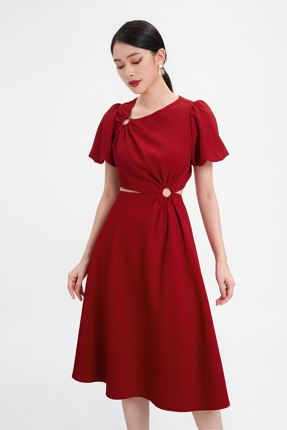 Đầm xòe dự tiệc màu đỏ eo cutout HL1720  Thời trang công sở KK Fashion
