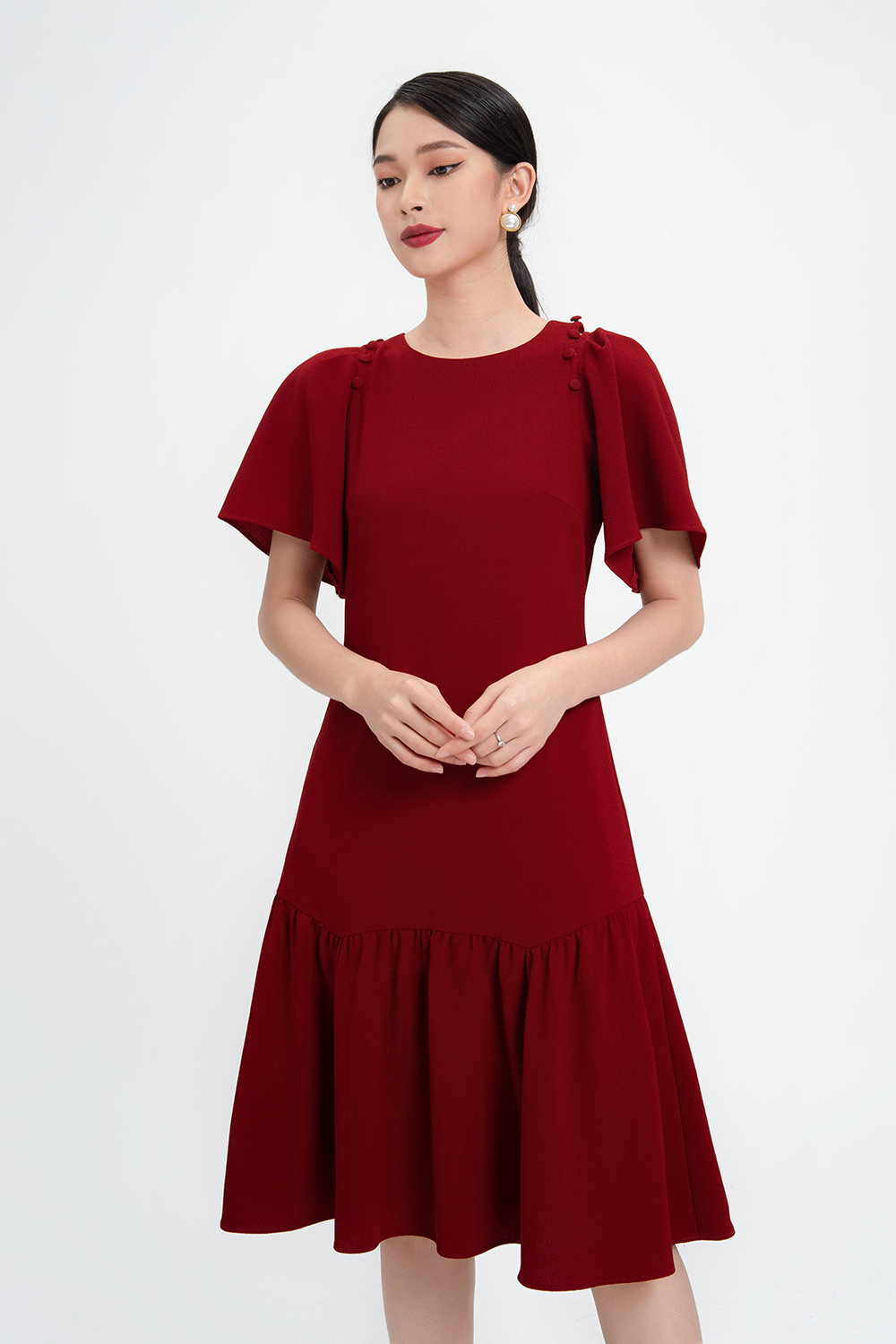 Đầm váy dài màu đỏ cổ sơ mi kết nút - Bán sỉ thời trang mỹ phẩm