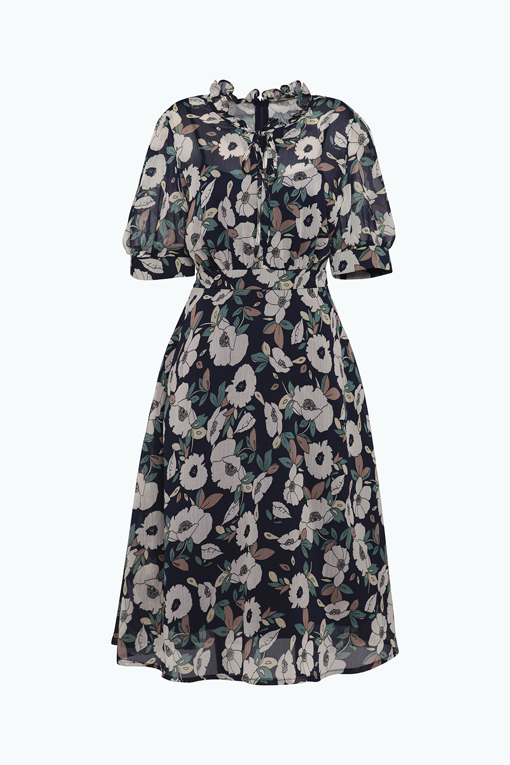 Đầm voan hoa xòe cổ phối nơ 