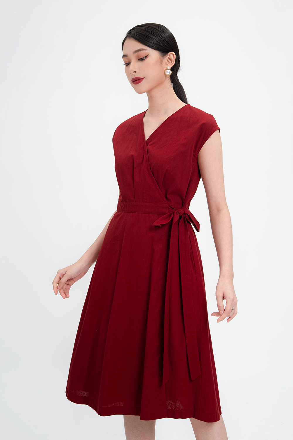 Đầm xòe màu đỏ cổ tim phối nơ eo KK107-12 | Thời trang công sở K&K ...