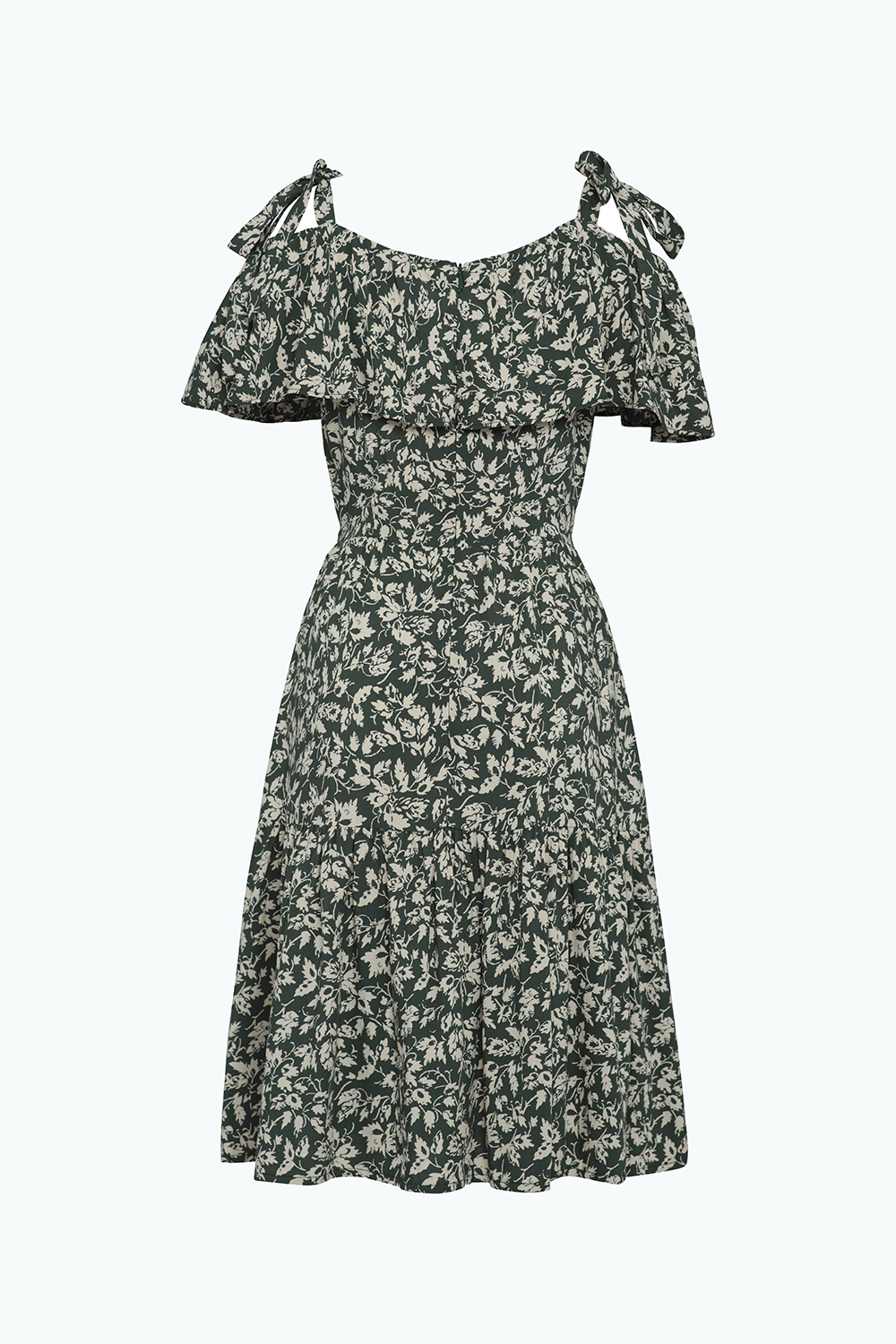 Đầm xòe hai dây rớt vai phối bèo 