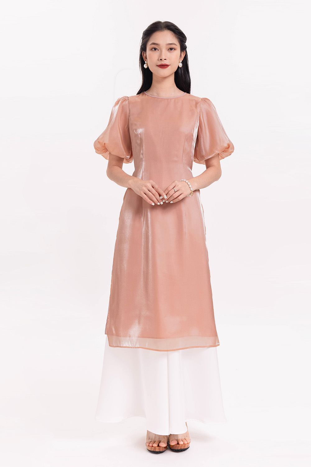 Áo dài đơn sắc tay phồng 