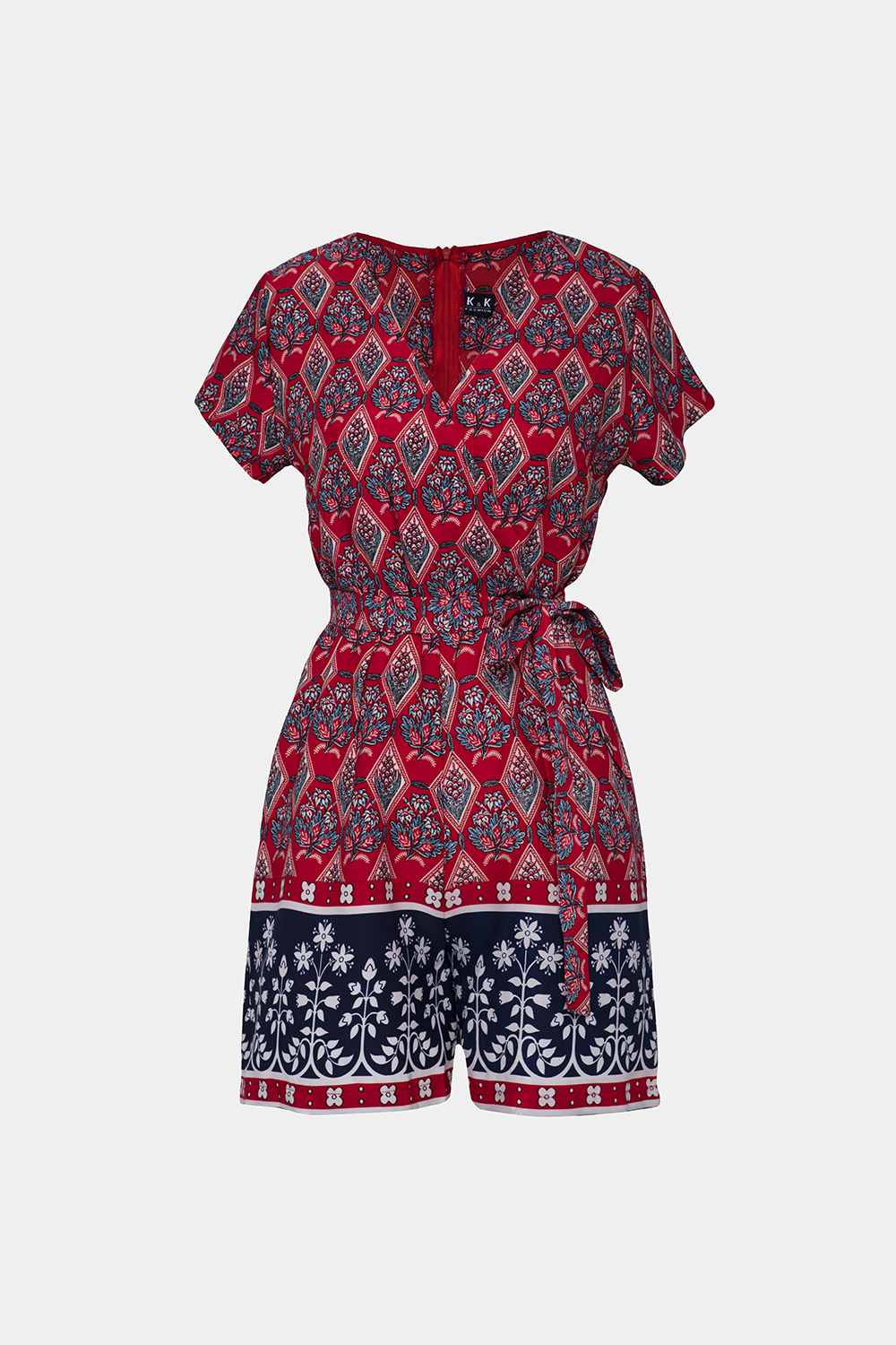 Jumpsuit ngắn cổ V thắt nơ eo 