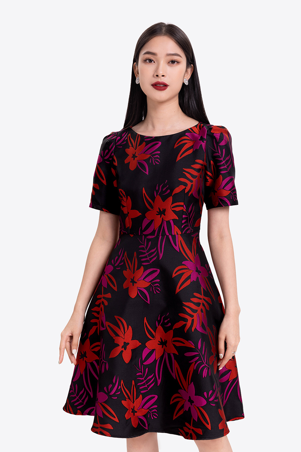 Đầm xòe dự tiệc họa tiết hoa 