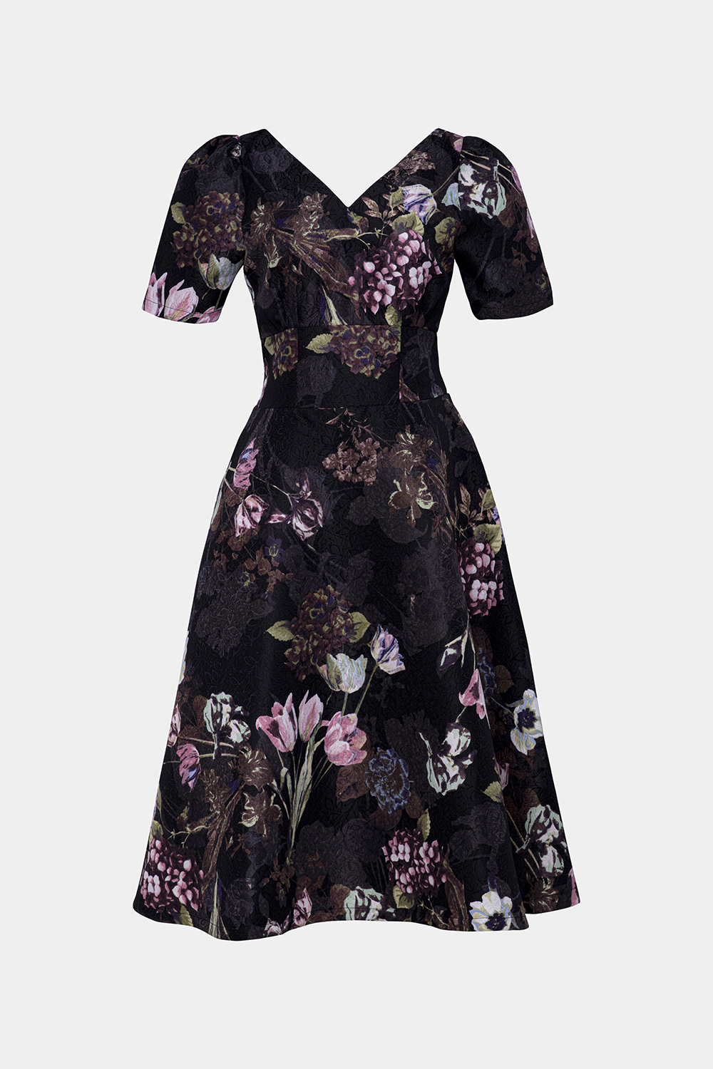 Đầm xòe hoa cổ V eo cao 