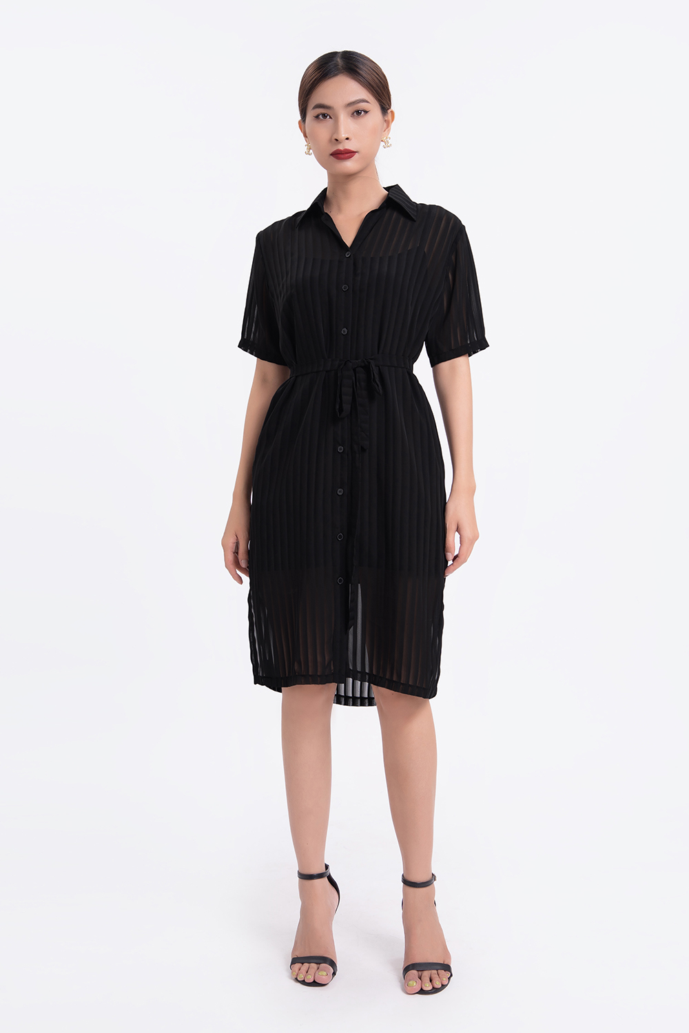 Đầm sơ mi đen phối dây nơ eo 