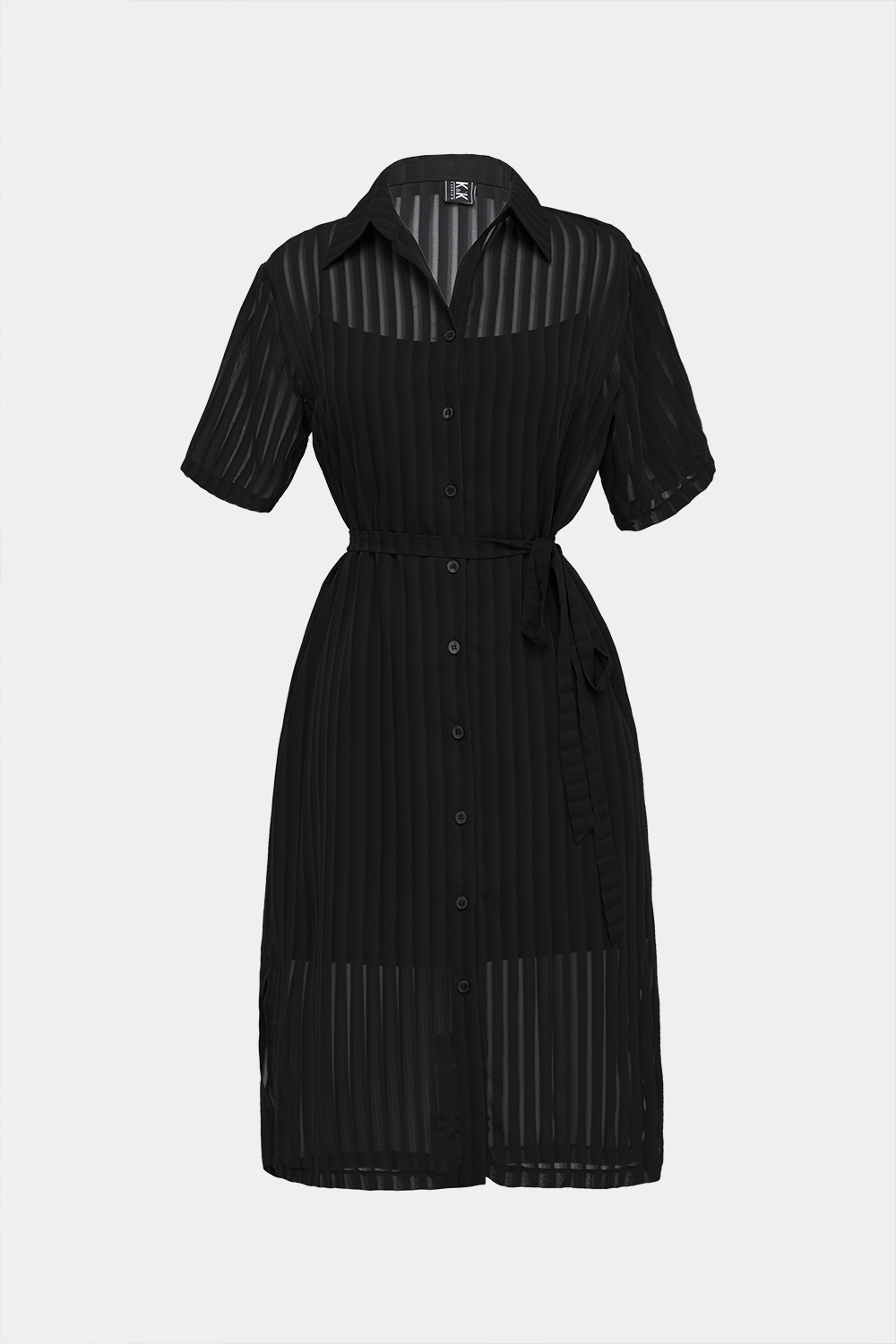 Đầm sơ mi đen phối dây nơ eo 