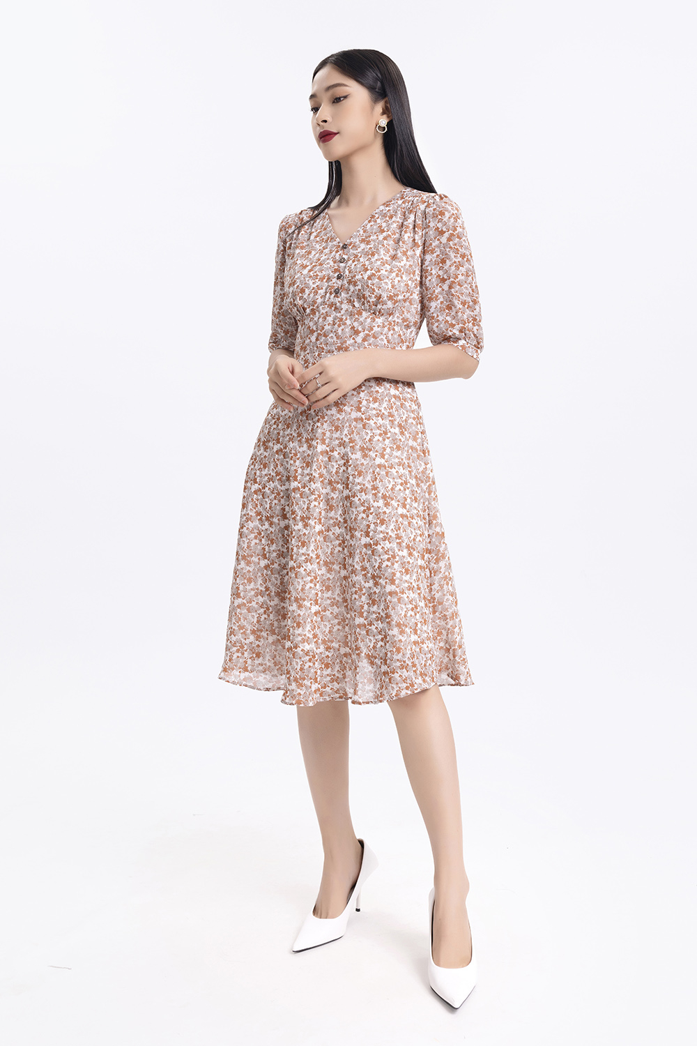 Đầm xòe hoa nhí tay lỡ eo cao 