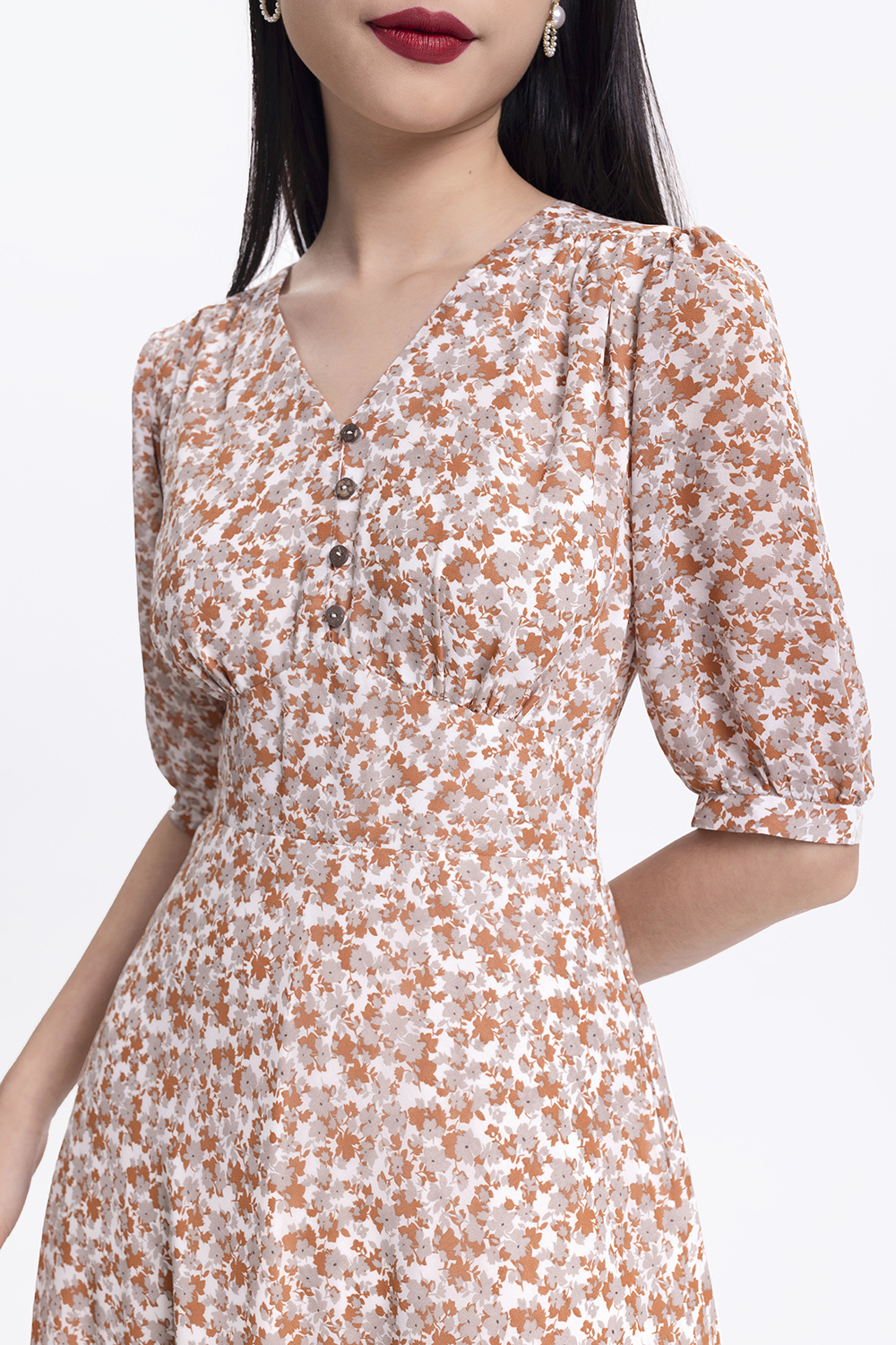 Đầm xòe hoa nhí tay lỡ eo cao 