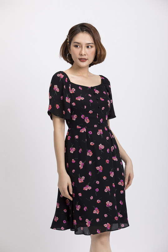 Đầm xòe hoa cổ vuông tay cánh tiên KK82-23