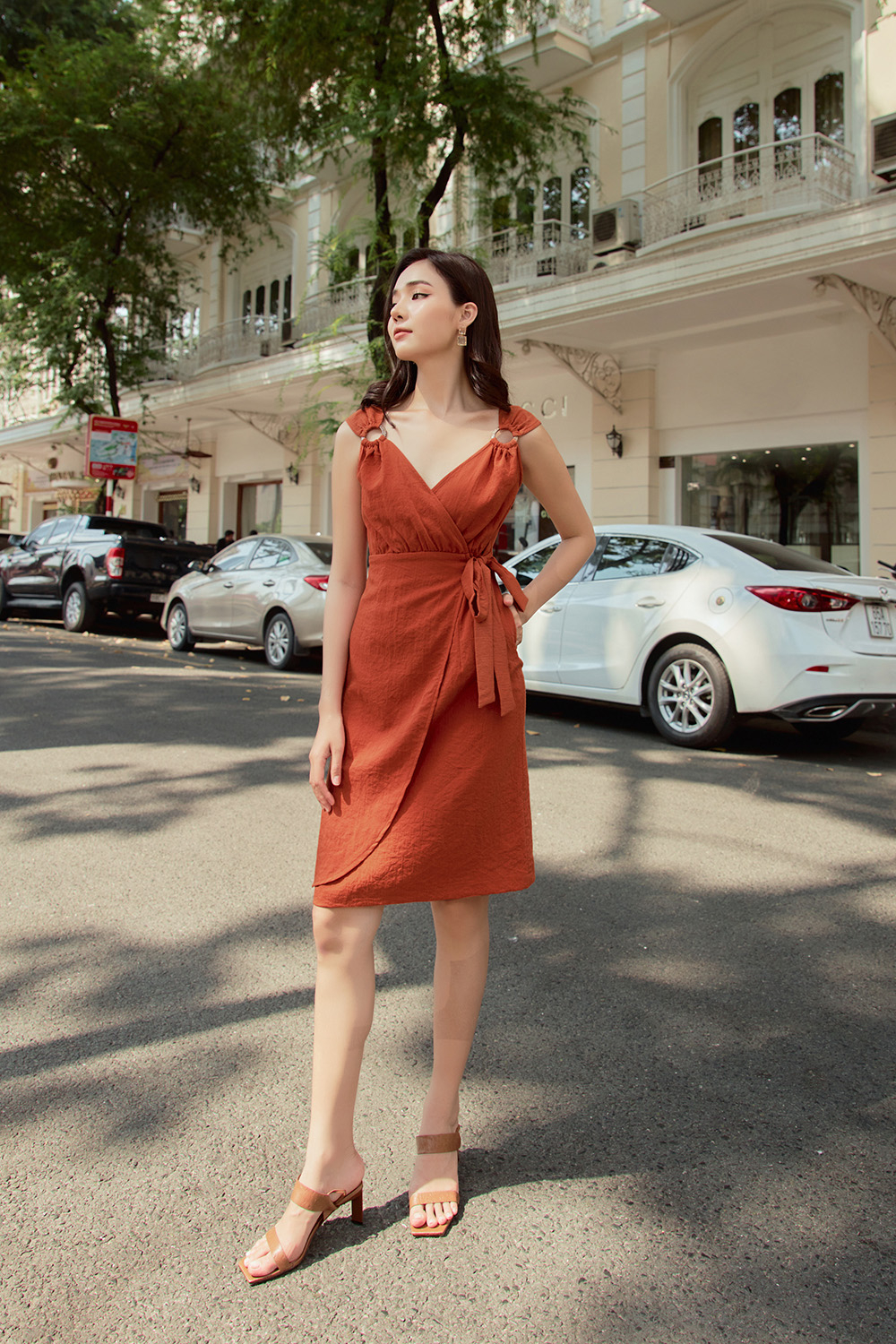 Đầm wrap dress phối khoen vai nơ eo KK108-07