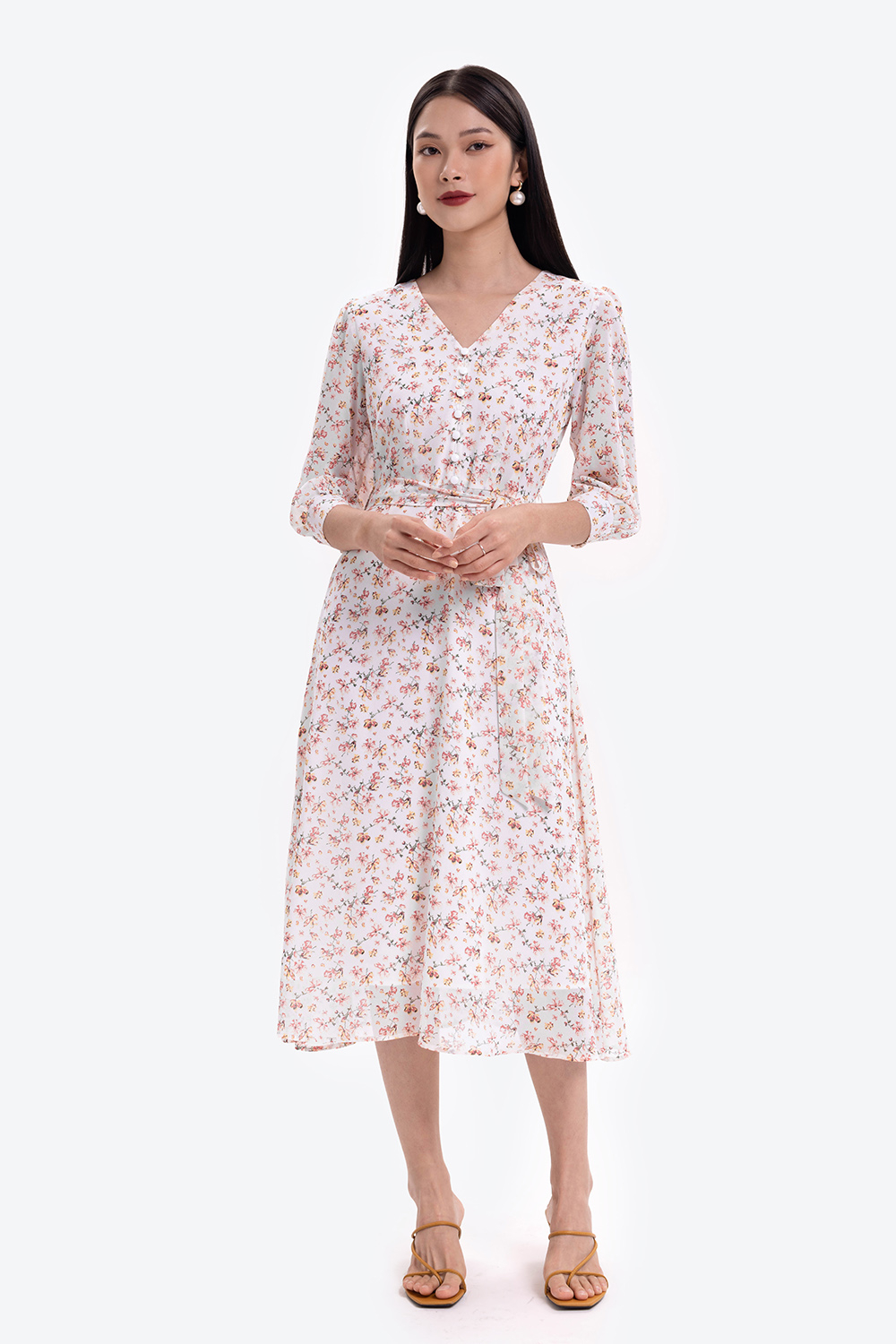 Đầm hoa dáng dài tay lỡ eo phối nơ 