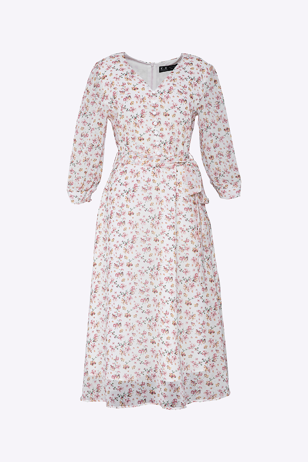 Đầm hoa dáng dài tay lỡ eo phối nơ 