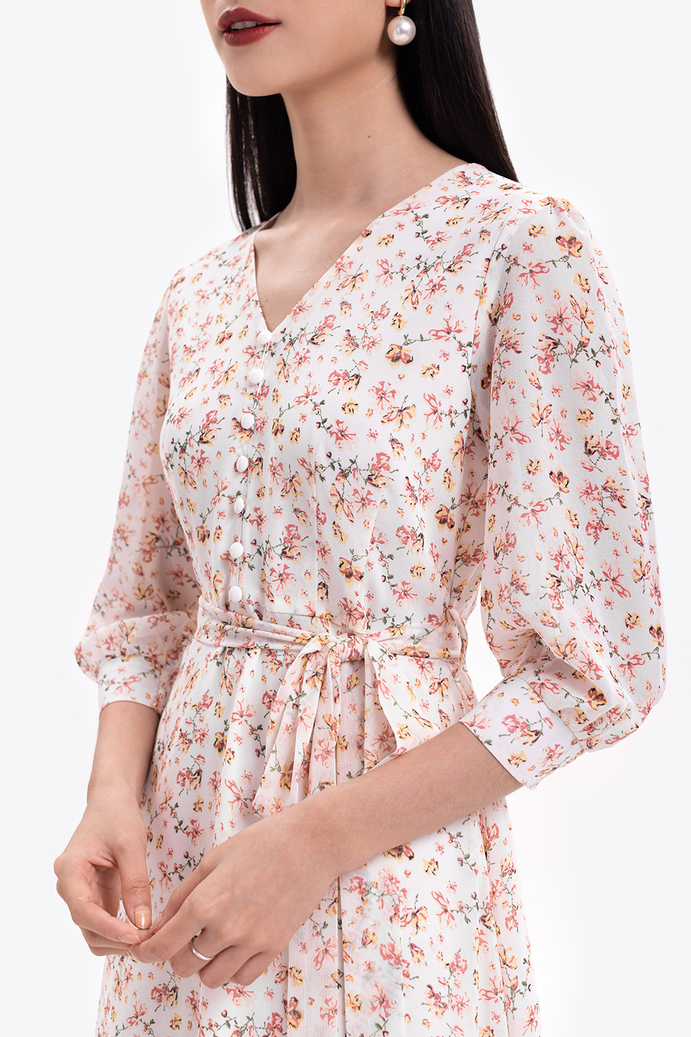 Đầm hoa dáng dài tay lỡ eo phối nơ 
