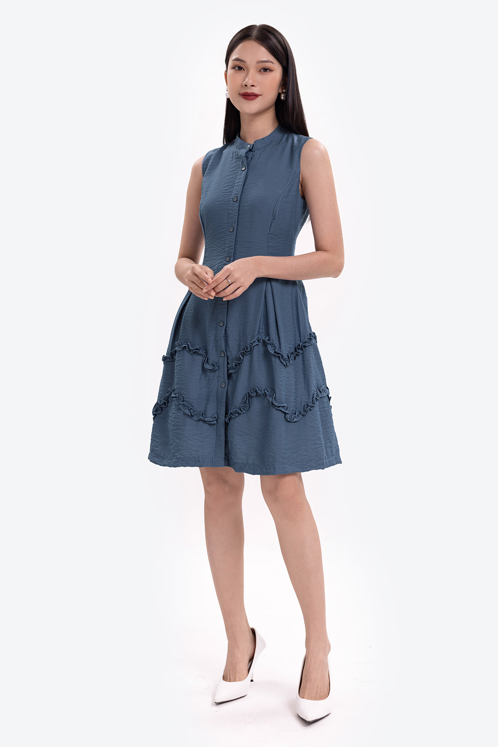 Đầm xòe cổ trụ sát nách phối bèo 