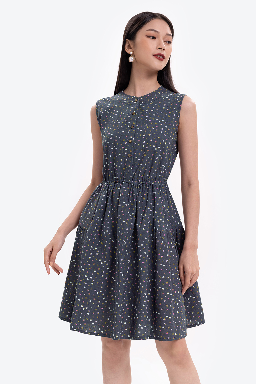 Đầm xòe hoa nhí cổ trụ sát nách 