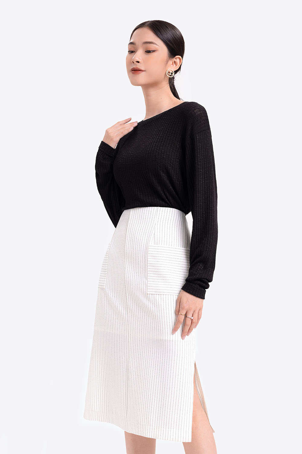 Chân váy midi sọc xẻ tà 2 bên CV03-23 | Thời trang công sở K&K Fashion