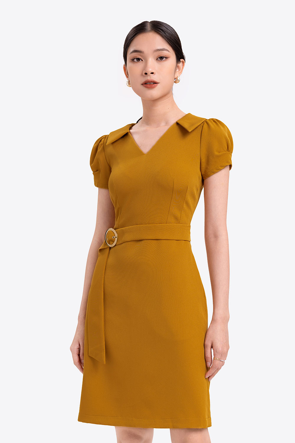 Đầm chữ A cổ sen eo phối belt