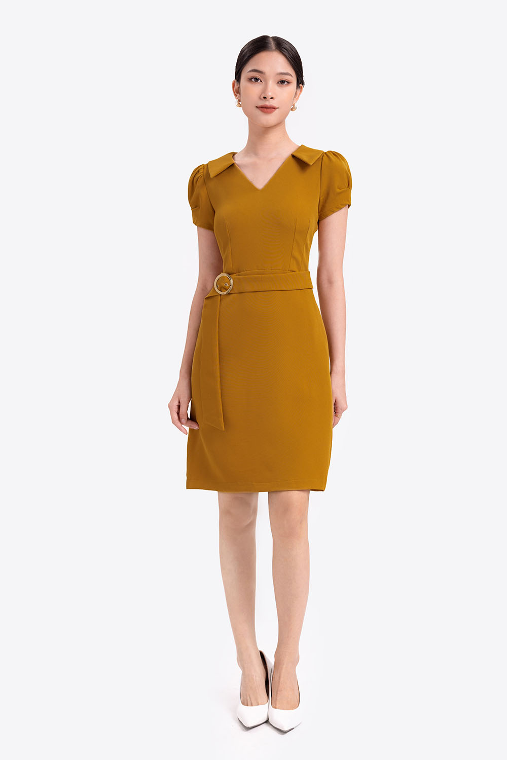 Đầm chữ A cổ sen eo phối belt