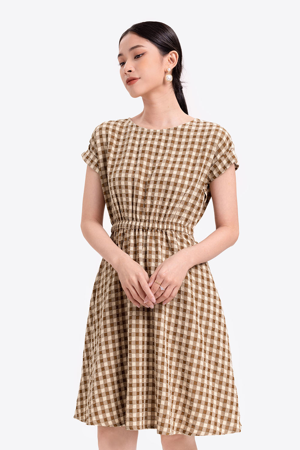 Đầm caro dáng xòe eo bo chun 