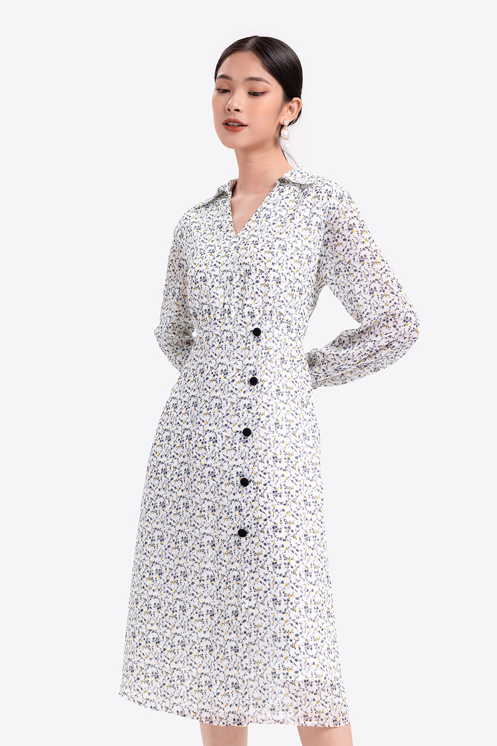 Đầm sơ mi họa tiết tay dài 