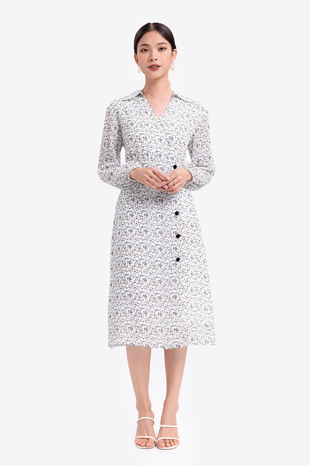 Đầm sơ mi họa tiết tay dài 