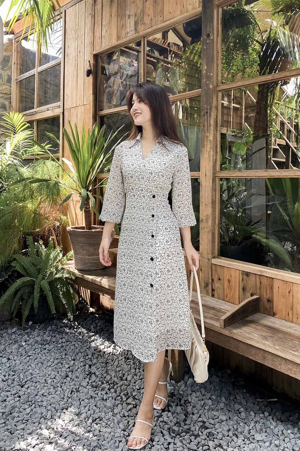 Đầm sơ mi họa tiết tay dài 