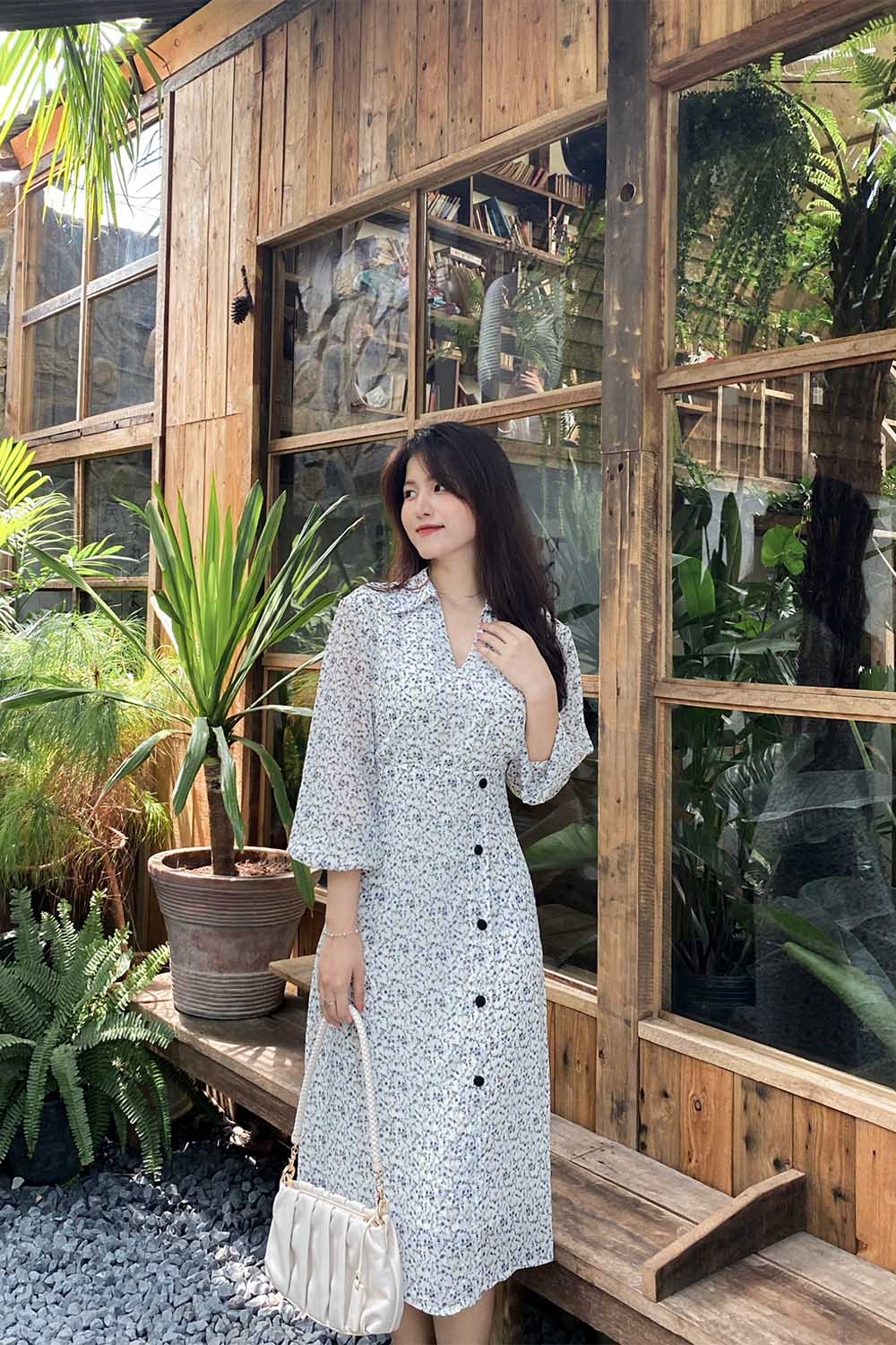 Đầm sơ mi họa tiết tay dài 