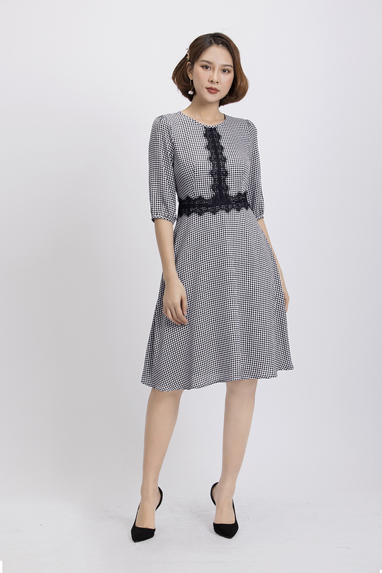 Đầm xòe caro phối ren kk87-40