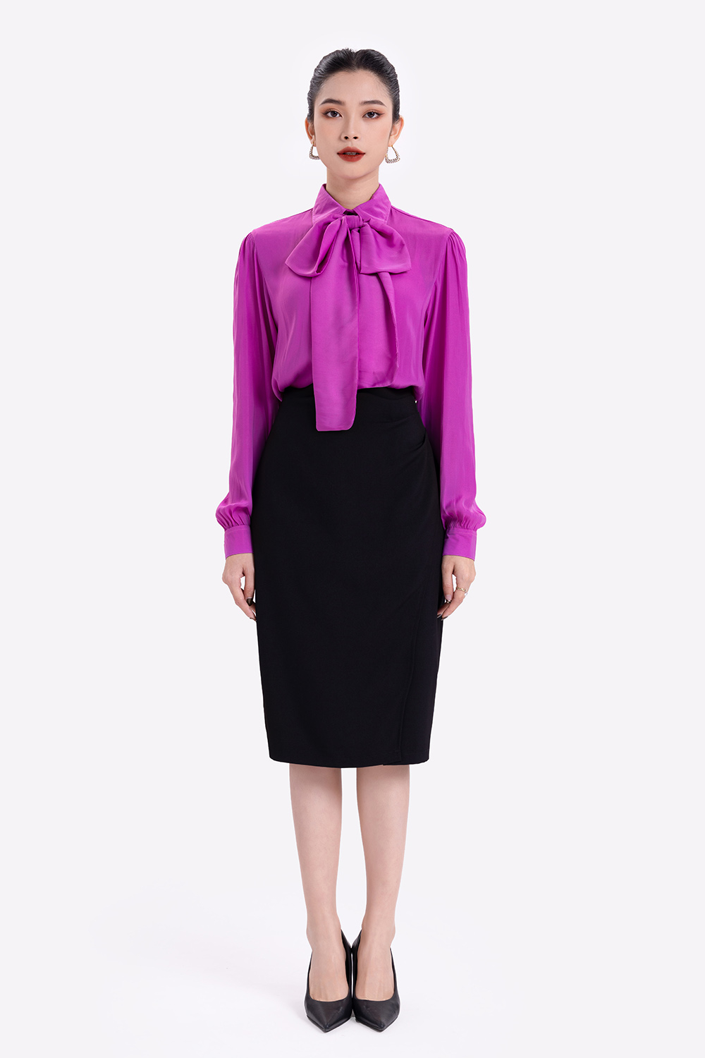 Áo sơ mi dài tay cổ phối nơ 