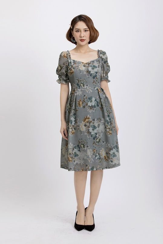 Đầm hoa xòe cổ vuông KK88-06