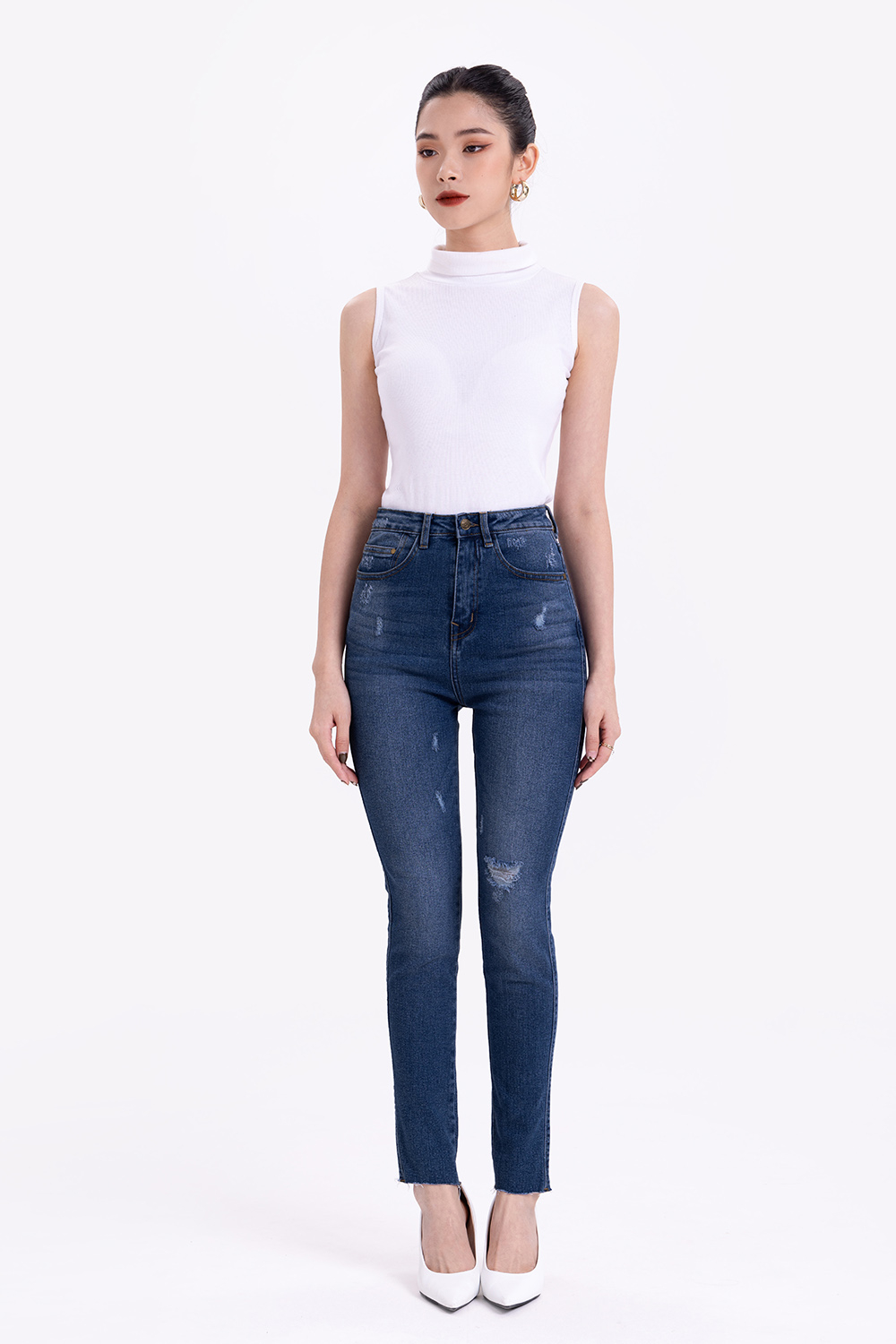 Quần jeans nữ dáng skinny lưng cao 
