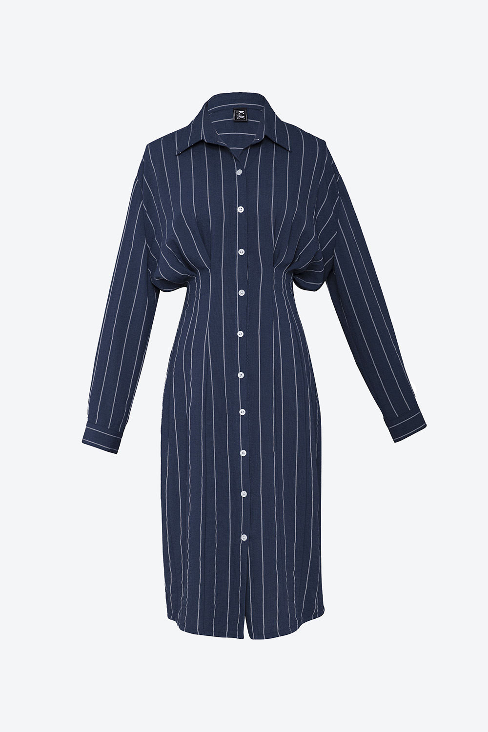 Đầm sơ mi kẻ sọc nhấn eo cao tay dài 