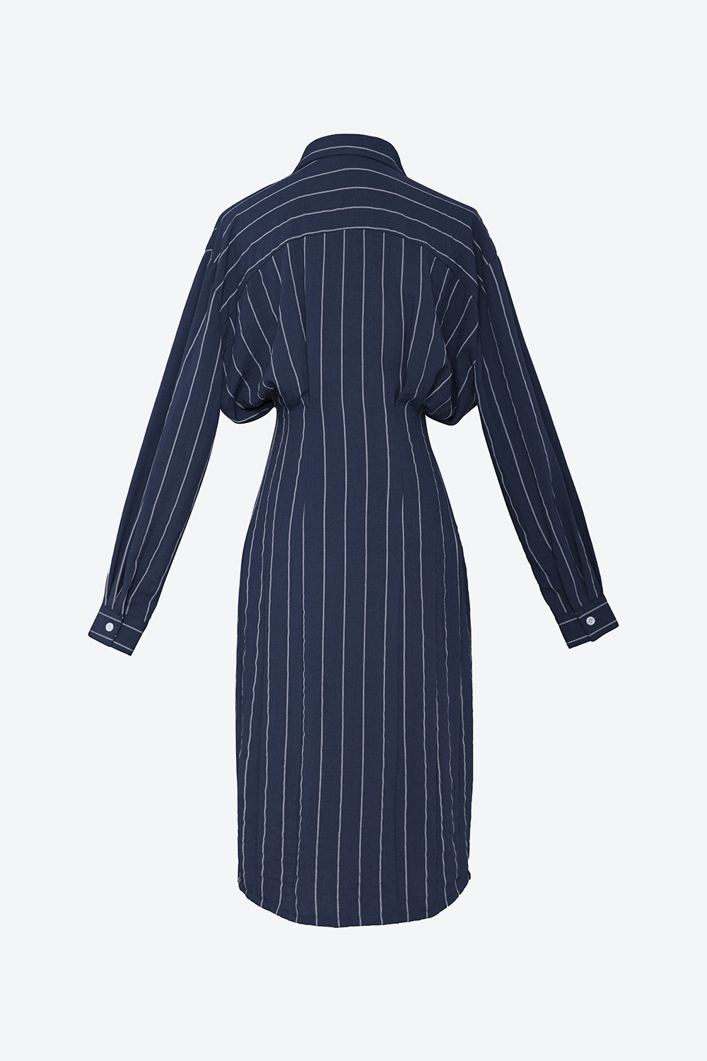 Đầm sơ mi kẻ sọc nhấn eo cao tay dài 