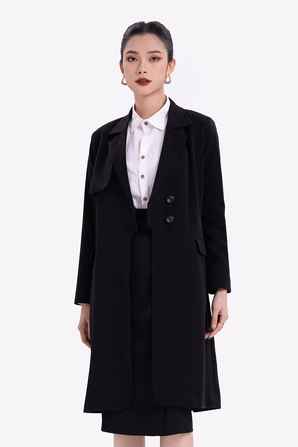 Áo khoác măng tô dáng dài 2 cúc 