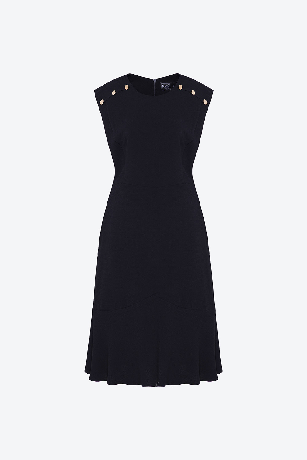 Đầm xòe đen sát nách vai áo phối nút 