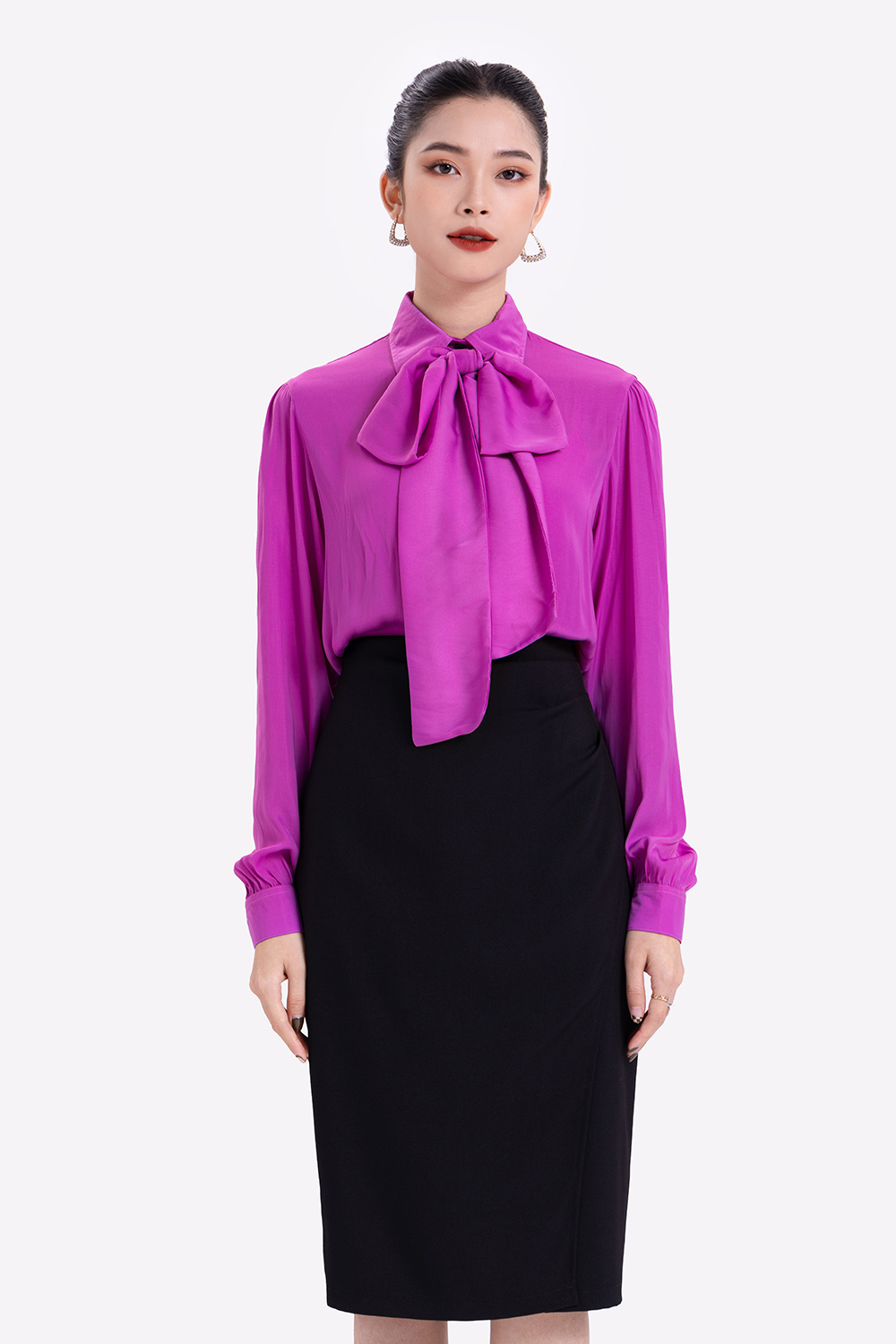 Áo sơ mi dài tay cổ phối nơ 