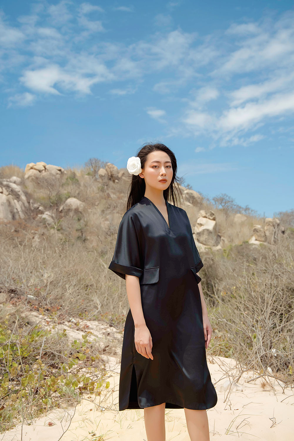 Đầm đen suông cổ V phối hai túi trước HL18-17