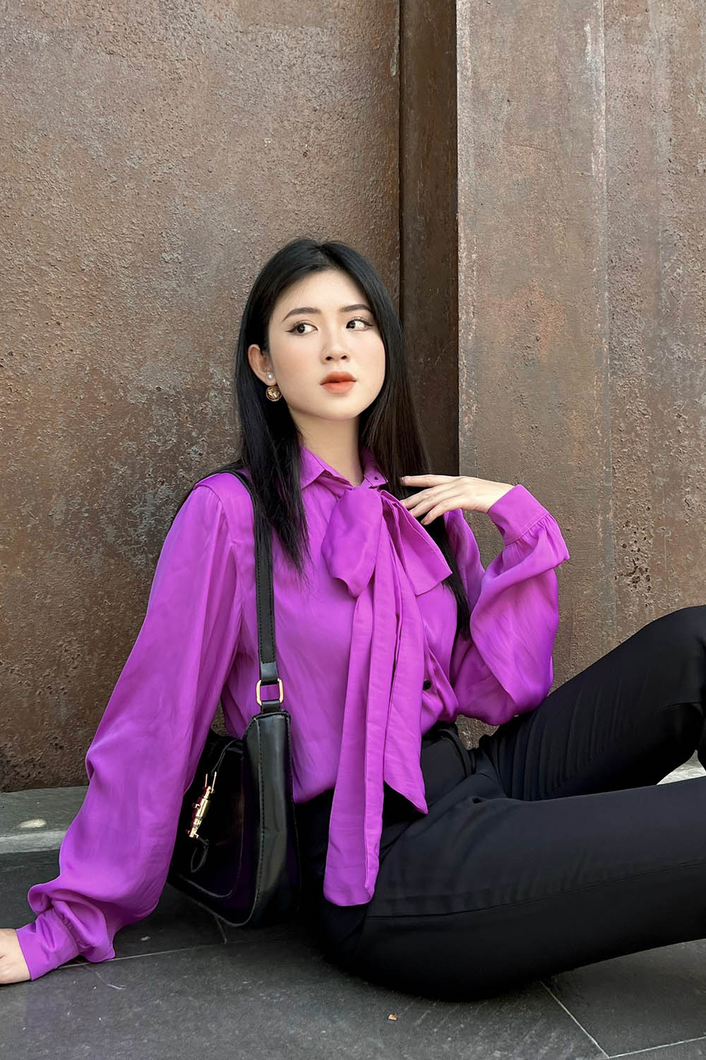 Áo sơ mi dài tay cổ phối nơ 