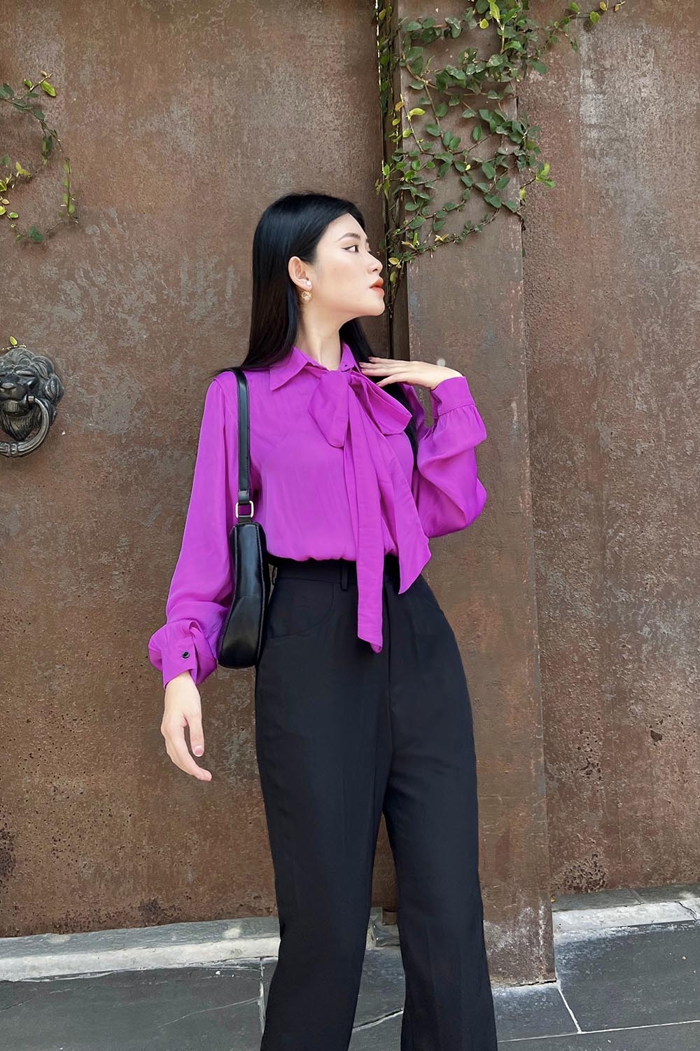 Áo sơ mi dài tay cổ phối nơ 