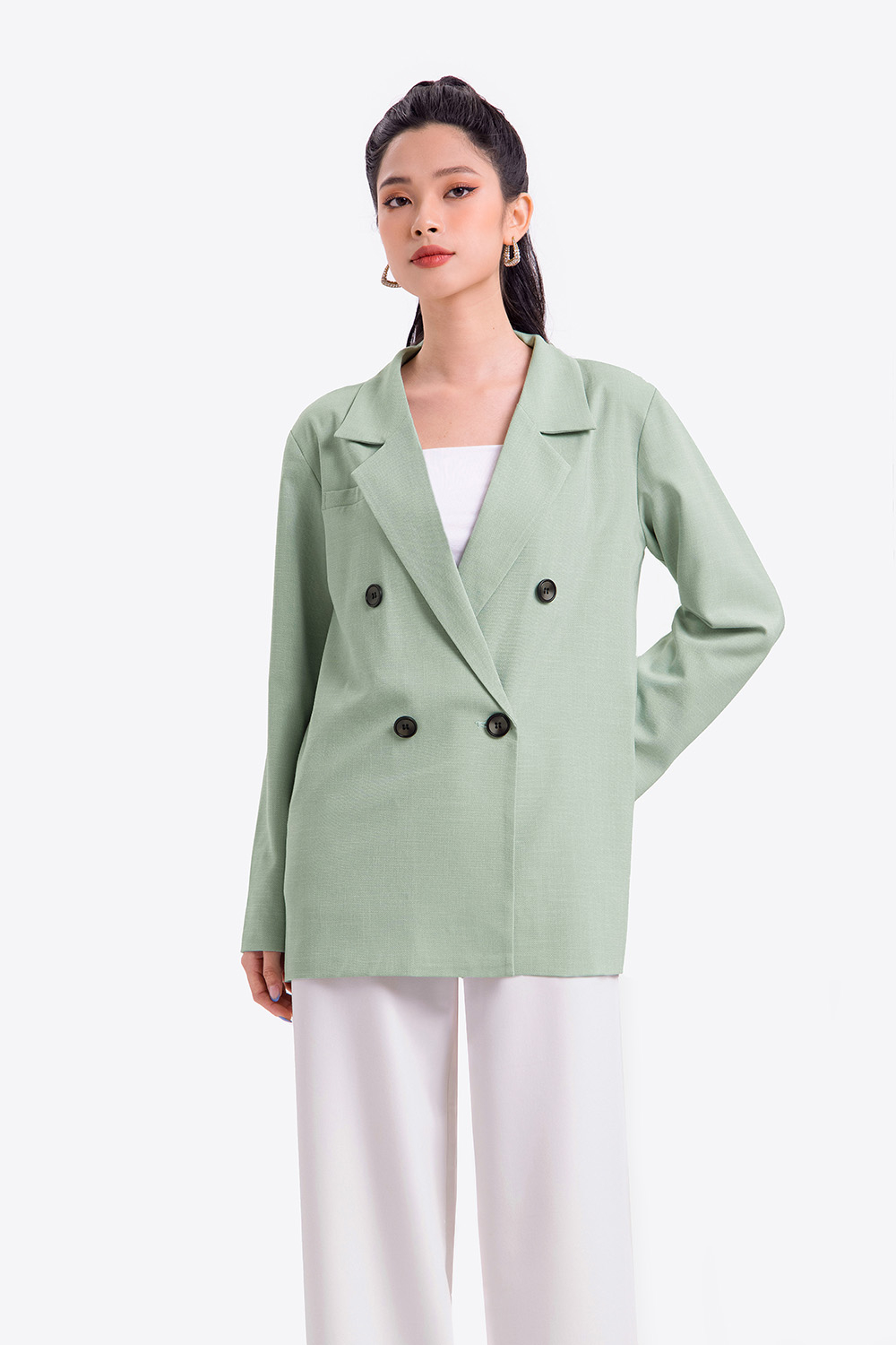 Áo khoác blazer xanh tay dài phối nút
